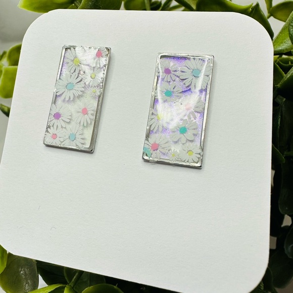 Handmade Jewelry - Floral Rectangle Earrings Handmade